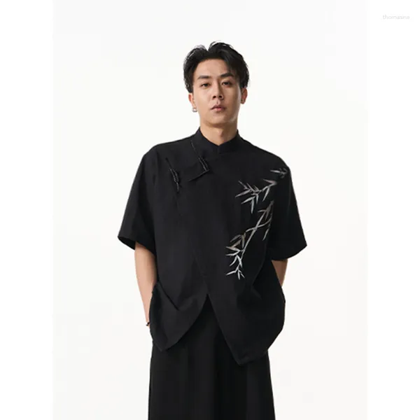 Vêtements ethniques Style chinois Patte de boutonnage inclinée Boucle Chemise à manches courtes imprimée en bambou Costume Tang traditionnel pour homme Top Tai Chi Plus Size