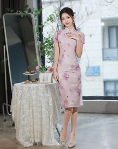 Vêtements ethniques Style chinois été mode femmes formelles à manches courtes Qipao fête élégant lin imprimé fleuri Cheongsam