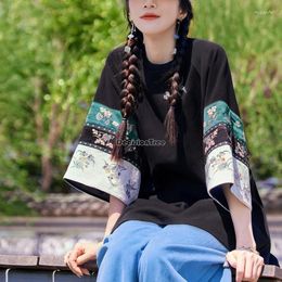 Vêtements ethniques Style chinois haut d'été femmes vêtements d'extérieur amples mode col rond Base T-Shirt manches larges broderie