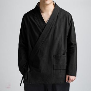 Vêtements ethniques Style chinois Costume Tang Hanfu Veste en lin à manches longues en diagonale pour hommes Rétro Coton et Robe Zen Layman 2021