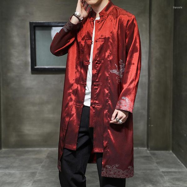 Vêtements ethniques Style chinois mince Tang costume veste longue Hanfu Satin soie manteau coupe-vent Robe Robe grande taille hommes année Costumes 5XL