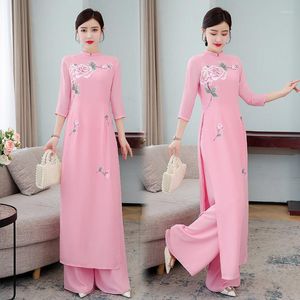 Etnische kleding Chinese stijl Tweede stuken Set Women Long Tops Pant Suits Pink Wit Slim Vintage Harajuku Ao Dai Vietnam Elegant Gedrukte MT606