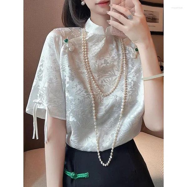 Vêtements ethniques Style chinois Vintage Chlouse Chlouse Femmes Elegant Short Short Shirt White Satin Lace Up Up Print Shirts Silk Tops 12964