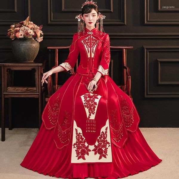 Vêtements ethniques Robe de mariée de style chinois Perles faites à la main Ensemble de mariage Ensemble de broderie exquise Cheongsam Costume de mariée orientale Cadeau de mariage