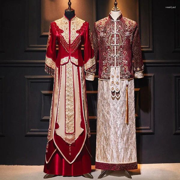 Vêtements ethniques Robe de mariée de style chinois Mariée Mariée Rouge Broderie Cheongsam Fête Traditionnelle Gland Qipao