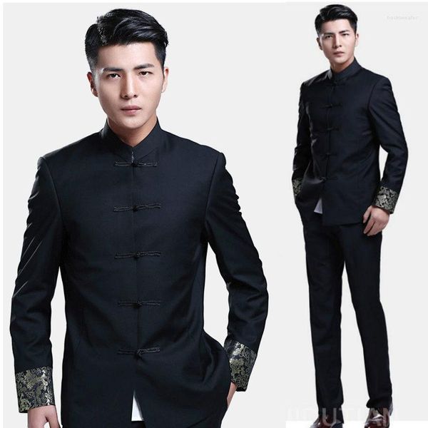 Ropa étnica estilo chino boda novio Tang trajes masculino Stand Collar túnica delgada primavera otoño tradicional Zhong Shan traje