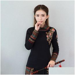 Ethnic Clothing Chinese Style Women Clothes 2021 Autumn Retro Embroidery Cotton Blouse Black Hanfu Ladies Tops 11984 Drop Delivery App Dh6Oy