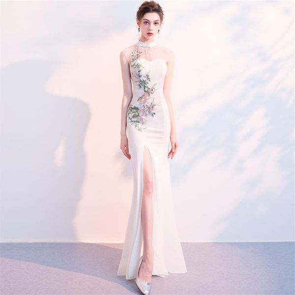 Vêtements ethniques Style chinois Femmes broderies fleur robe sirène mince sexy high Split Night Party Cheongsam White Bridesmaid 188T
