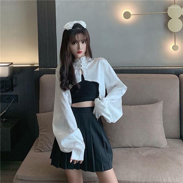 Ropa étnica estilo chino moda mujer 2023 traje Tang blusa con cuello mandarín capa asimétrica Cheongsam Top de manga hinchada 11384