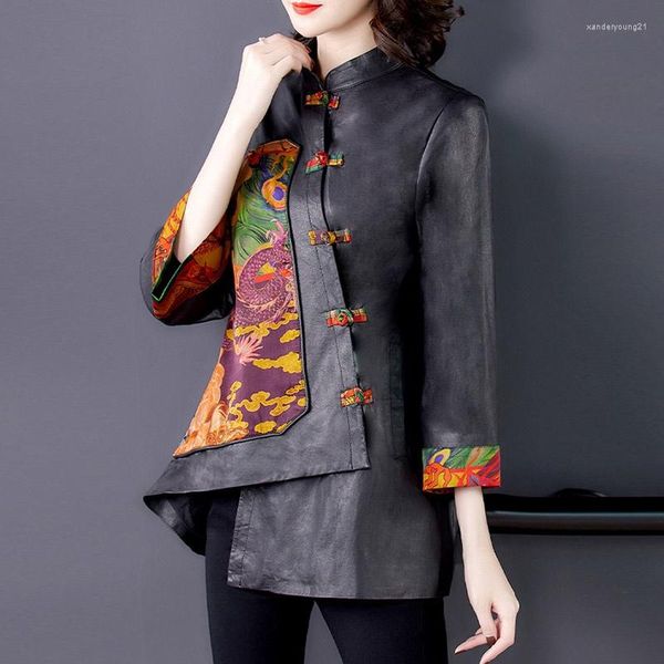 Ropa étnica estilo chino chaquetas de cuero para mujer 2023 moda Vintage asimétrica bloque de Color Cheongsam señoras Tops 11905