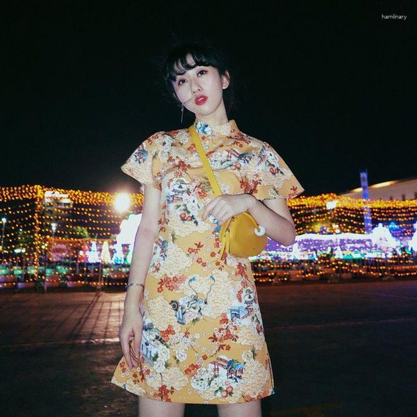 Vêtements ethniques Style chinois femmes imprimer fleur Qipao traditionnel mince Sexy Mini Cheongsam robes élégantes jeunes filles robe de soirée douce