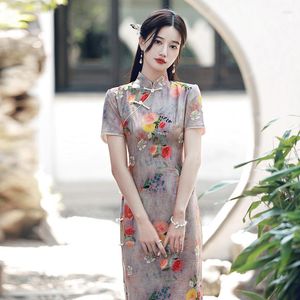 Vêtements ethniques Style chinois Femmes Purple Floral Print Cheongsam Vintage Slim Qipao Robe traditionnelle moderne