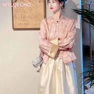 Vêtements ethniques Style chinois Femmes National Wind Zen Costume Rose Bouton Manteau Jupe 2 pièces Automne 2024