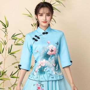 Etnische Kleding Chinese Stijl Vrouwen Slanke Qipao Shirt Sexy Print Bloem Tang Top Oversized Dames Party Blouse Elegante Meisje Dagelijkse Hanfu