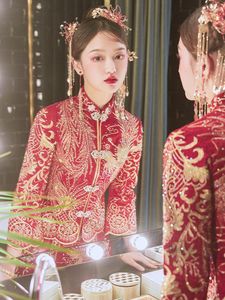 Etnische kleding Chinese stijl Xiuhe Bruids 2023 Paar Rode Phoenix Borduren Cheongsam Qipao Traditionele trouwjurk Maat S-6XL