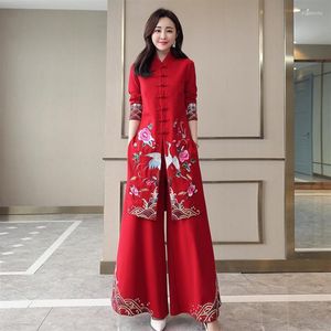 Vêtements ethniques Styles chinois Vintage Femmes Hanfu Midi Qipao Deux Pièces Chine Pantalon Traditionnel Ensemble Tang Costume Robe Orientale Clot288m
