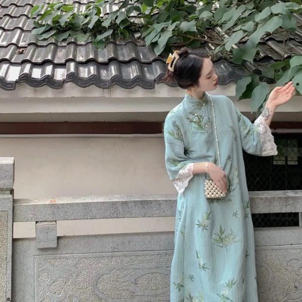 Vêtements ethniques Styles chinois Femmes Vintage Robe Bule Bamboo Imprimer Élégant Lâche Qipao Tang Costume Robes Dentelle A-Line Moderne Cheongsam