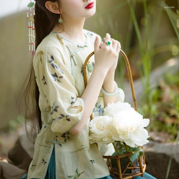 Ropa étnica Top chino Mujeres Tradicional Hanfu Vintage Elegante China Estilo Qipao Tops Camisa de verano Suelta Casual Blusas cortas para niñas 2023