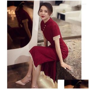 Ropa étnica Vestido tradicional chino Cheongsam Mujer Vestidos de novia Rojo Clásico Tostado Mujeres Qipao Oriental Entrega de entrega Ropa Otxed