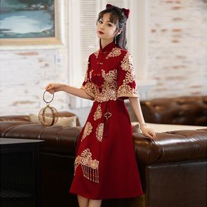 Etnische kleding Chinees Traditionele Cheongsam Jurk Jurk Stand Oosterse stijl Borduurwerk Qipao Huwelijksuitrusting Ancient Red Women Wedding