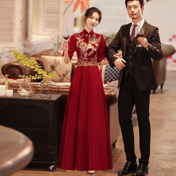 Vêtements ethniques Chinois Traditionnel Cheongsam Robe Femme Mariage Mariée Robes Everning Party Long Qipao Vin Rouge Grande Taille Compere Outfit