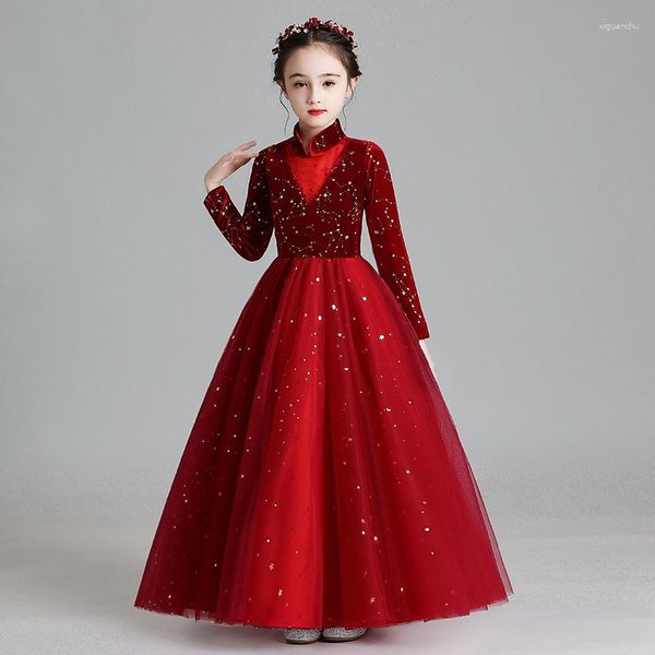 Vêtements ethniques chinois traditionnel cheongsams jupe de princesse pour enfants mariage à manches longues robe de demoiselle d'honneur remise des diplômes danse folklorique Qipao