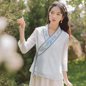 Vêtements ethniques vêtements traditionnels chinois pour femmes chemise en coton Cheongsam hauts Tang costume à manches longues col en v lâche dames haut Hanfu 2022