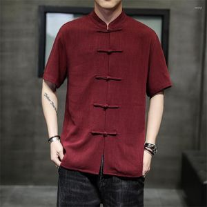 Etnische kleding Chinees Traditionele kleding Tangpak Mannen Tops Vintage shirts korte mouw Casual losse vaste kleur linnen Chinoiserie Hanfu