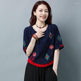 Etnische kleding Chinese traditionele kostuums voor vrouwen Tangpak korte mouw Hanfu retro tops Oriental stijl zomer t-shirts bloemen