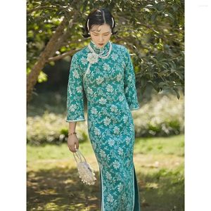 Ropa étnica Vestido tradicional chino para mujeres Satén azul Elegante Retro Otoño Imitación Seda Mejorado Cheongsam Brocade Vestido Qipao
