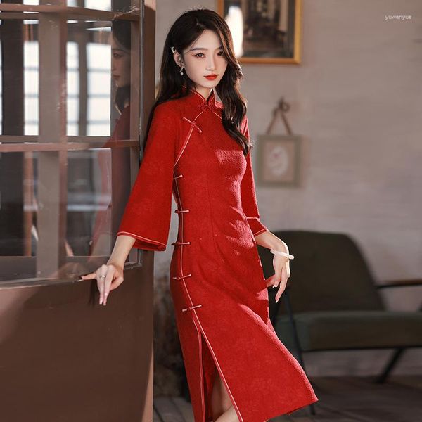 Vêtements ethniques Robe traditionnelle chinoise Femmes Qipao Demi-manche Rouge Moderne Cheongsam Robes Robe Orientale Chine Style Costume Dames