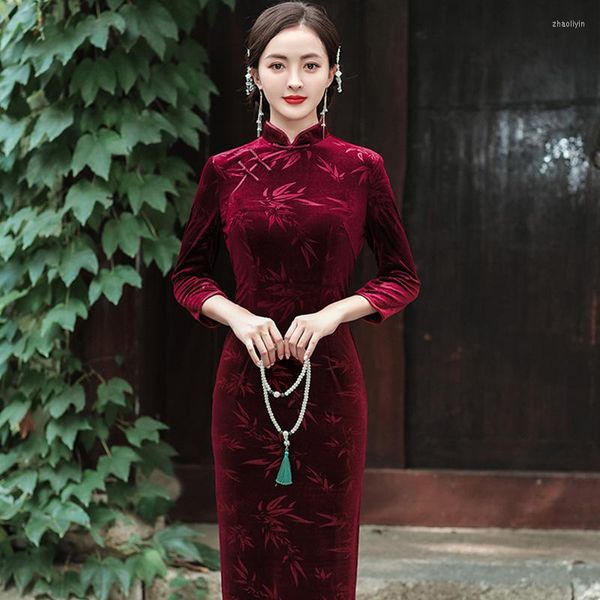 Vêtements ethniques chinois traditionnel robe femmes imprimé floral élégant à manches longues Cheongsam col montant serré 2023 Qipao robes mode