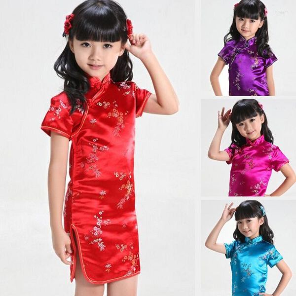 Ropa étnica Vestido tradicional chino para niñas Cheongsam Hanfu Ajustado Floral Ciruela Bambú Satén para niños