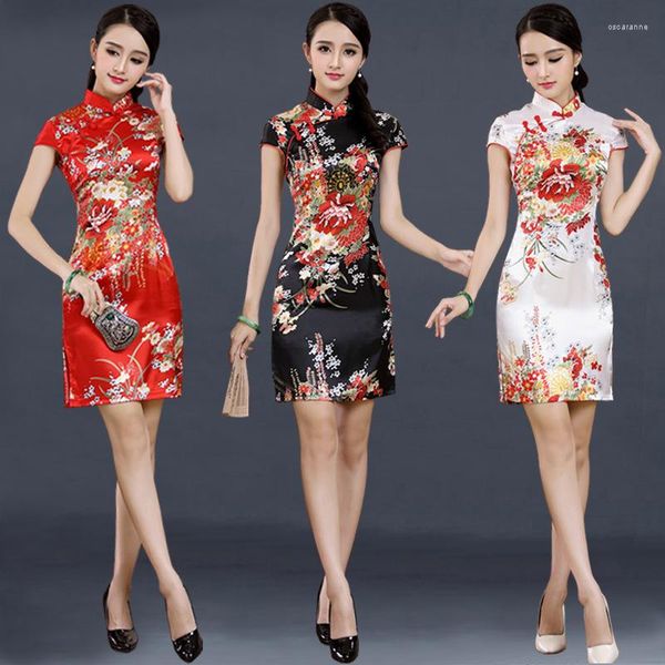 Vêtements Ethniques Chinois Traditionnel Moderne Qipao Robe De Mariée Robes Rouges Cheongsam Plus La Taille Fleur Imprimer Noir Blanc Sexy Soie Court