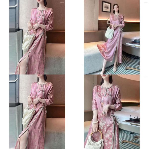 Ropa étnica chino tradicional qipao cheongsam chi-pao vestido de seda de imitación impreso de mujer de gama alta elegante dulce rosa dividido largo 2024