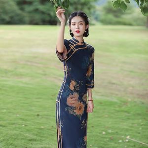 Vêtements ethniques chinois traditionnel rétro Cheongsams pour femmes élégant mi robe Qipao quotidien automne filles moulante