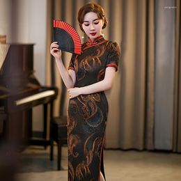 Vêtements ethniques chinois traditionnel mince robe Costume longue Sexy haute fente Qipao 2023 femmes élégantes noir imprimé Cheongsam