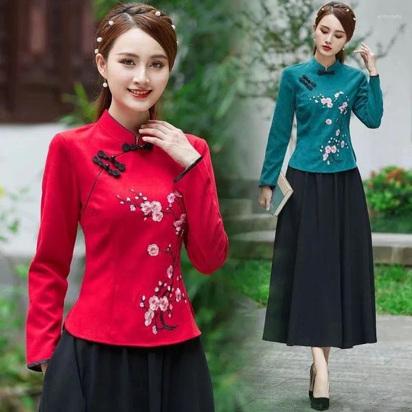 Ropa étnica Estilo tradicional chino Cheongsam Camisa Retro Sólido Mujer Tang Traje Casual Mandarin Collar Blusa Elegante Qipao Top