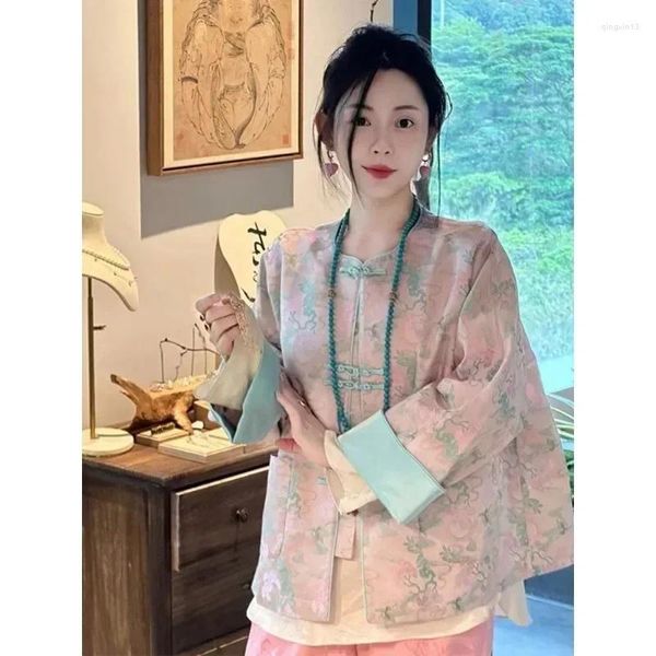Vêtements ethniques Chinois traditionnel Tang costume haut pour les femmes rose à manches longues imprimé floral bouton modifié Hanfu vêtements vintage