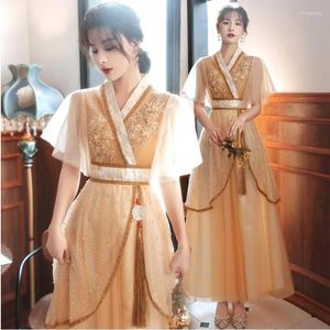 Ropa étnica Mujeres chinas Traje elegante Retro Hanfu Estilo Ropa asiática Con cuello en V Vestido de verano Fiesta Cosplay Vestido largo