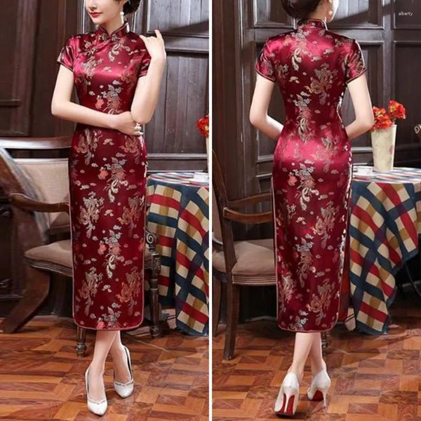 Ropa étnica Mujeres chinas Qipao Estilo retro Vestido Cheongsam elegante con cuello de bordado floral para el verano