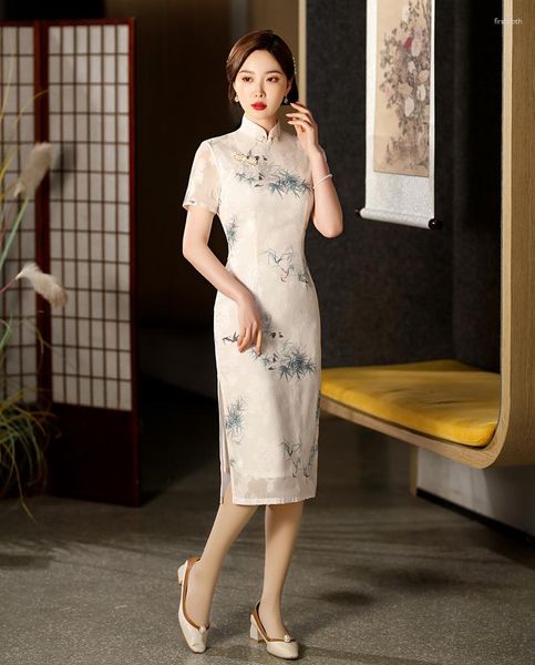 Vêtements ethniques femmes chinoises Vintage boutons faits à la main imprimé Jacquard Satin Cheongsam genou-longueur Qipao fête robe de bal robe de soirée