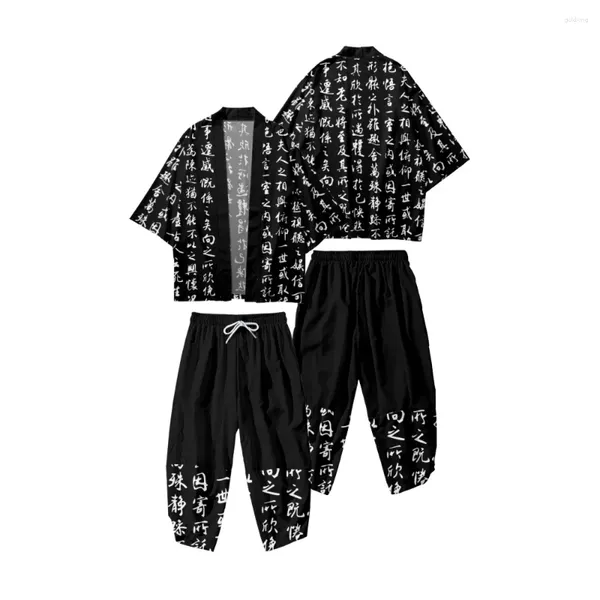 Ropa étnica Palabras chinas impresas negro suelto japonés cardigan kimono pantalones recortados 2 unids otoño pareja mujeres hombres yukata harajuku