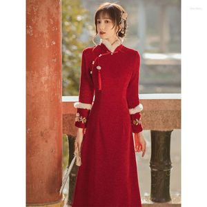 Etnische kleding Chinees jaar Winter Verbeterde Cheongsam 2023 Verdikte rode jurk Hoge kwaliteit Qipao