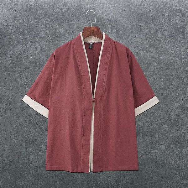 Ropa étnica chinoiserie lino traje de tanges taoísta túnica fina suelta japonesa kimono kimono tres cuartos de manga han capa de capa de han ropa de hombre