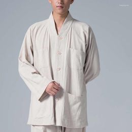 Vêtements ethniques Ciyuan Coton Lin Tissu - Printemps et automne Chemise courte à manches longues Manteau de vêtements de moine