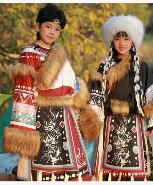 Vêtements ethniques classiques Tibetan Children's Traditional Boys Girls Dance Performance Performance Costume Niche Vintage Cosplay Robe Robe