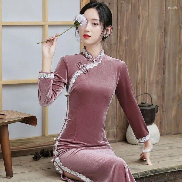Vêtements ethniques Classic Velvet Long Qipao Automne Hiver Rose Manches Cheongsam Robe traditionnelle chinoise Oriental Sexy Robes