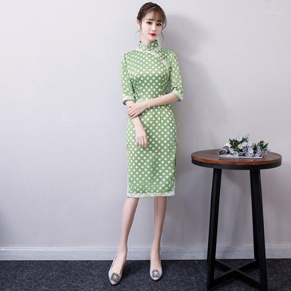 Vêtements ethniques College Student Arrivée Filles Femmes Vert Polka-Dot Cheongsam Quotidien Modifié Rétro Chinois Vendre Vintage Mode Jeune