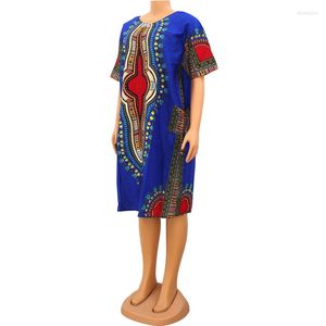 Etnische kleding katoen Afrikaanse dashiki-jurken zakken o-hals blauwe print korte mouw knielengte zomer voor vrouwen